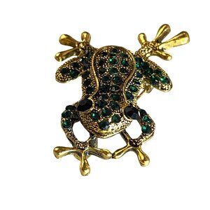 Frog Pin Brooch Gold Tone Metal Green Rhinestones Fashion Jewelry